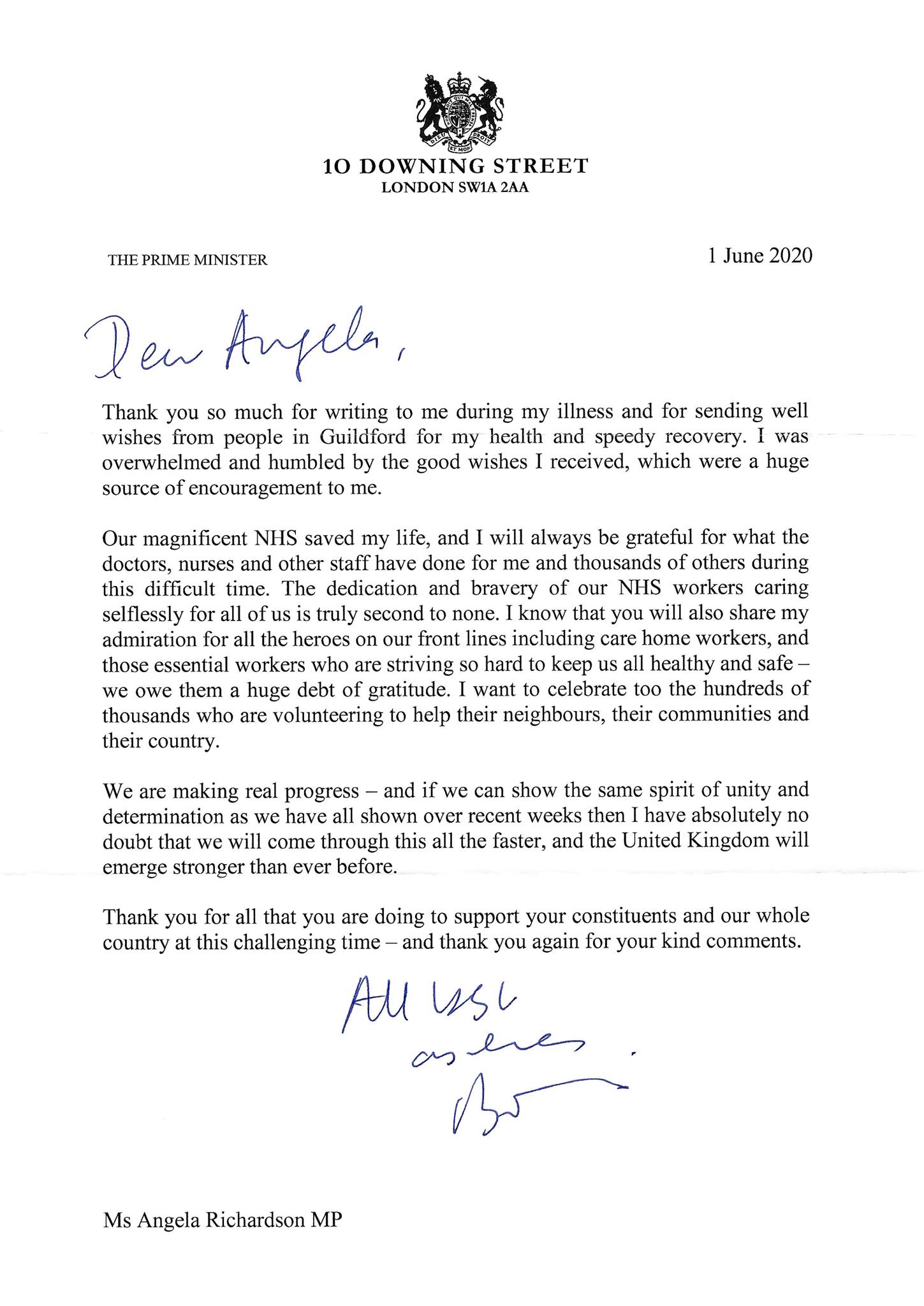 Letter Of Thanks From The Prime Minister To Guildford Well Wishers Angela Richardson
